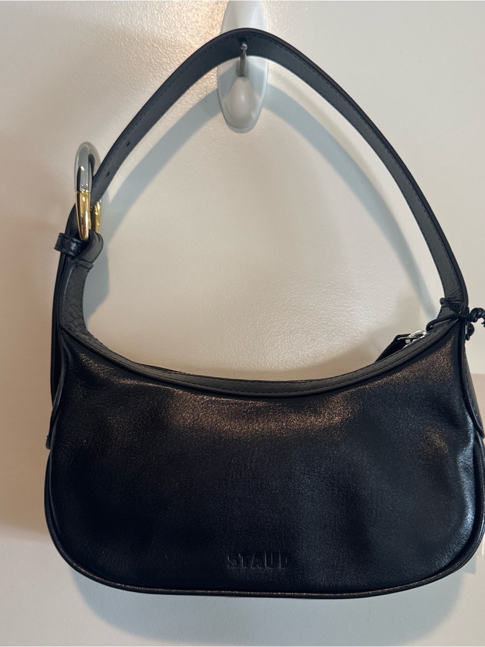 STAUD Black Leather Crescent Shoulder Bag with Gold Accent